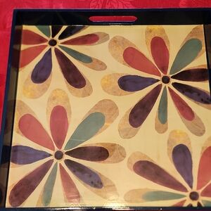 Wood Floral Tray, Glossy 13.75" X 13.75" Handles, Blue Base Multicolor 1.7" TALL